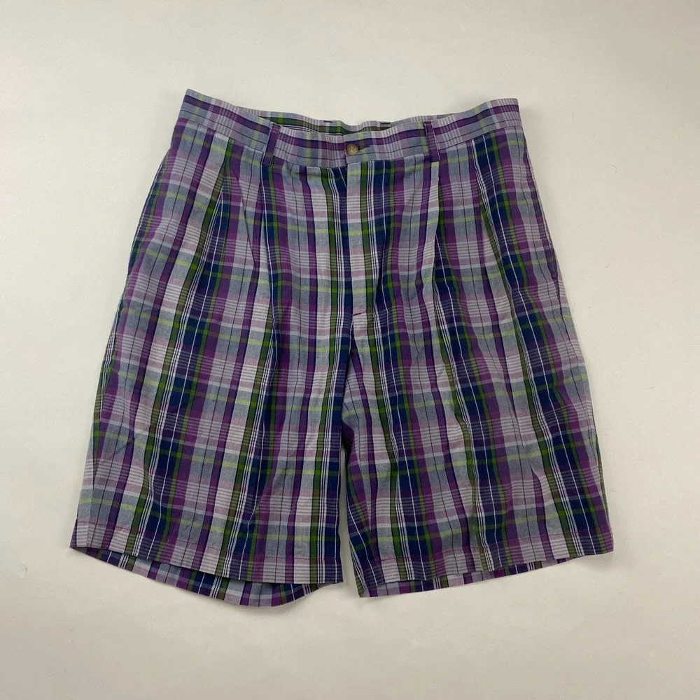 VTG Greg Norman Purple Blue Multicolor Plaid Pleated‎ Shorts Size 34 100% Cotton